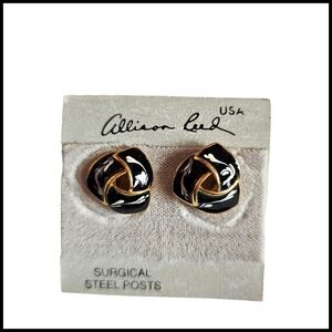 Vintage ALLISON REED Black White Paint Swirl Gold Tone Knot PIERCED EARRINGS